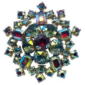 Vintage Aurora Borealis Brooch AB Red Blue Green Austrian MCM 1 3/4" GORGEOUS!